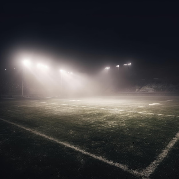 Voetbalveld met verlichting en mist Voetbalstadion 's nachts