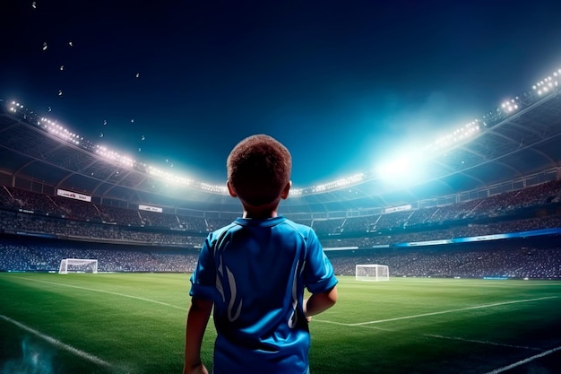 Voetbalveld waar een jongen een doelpunt scoort en zich verheugt over zijn succes