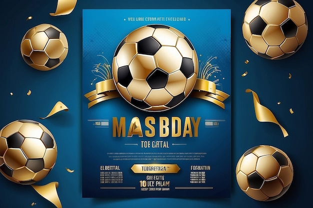 Foto voetbalwedstrijd flyer of poster sjabloon met gouden realistische