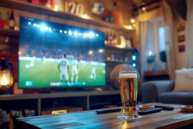 Voetbalwedstrijd op televisie in de woonkamer met het merk Euro 2024 en een bierglas