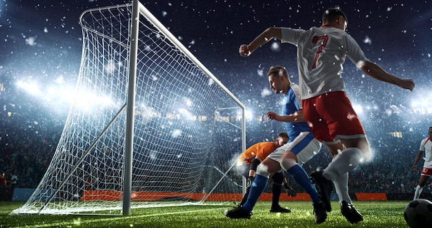 Voetbalwedstrijdmoment op professioneel stadion