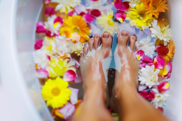 Foto voeten in een voet spa met bloemblaadjes