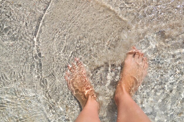 Voeten in het water op het zand