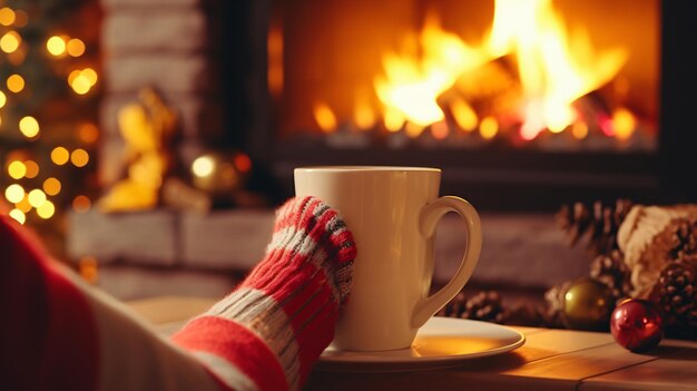 Foto voeten in wollen sokken bij de kerst open haard