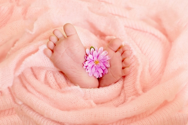 voeten van de pasgeboren baby, vingers op de voet, moederlijke zorg, liefde en familie knuffels concept, tederheid. Kopieer ruimte.