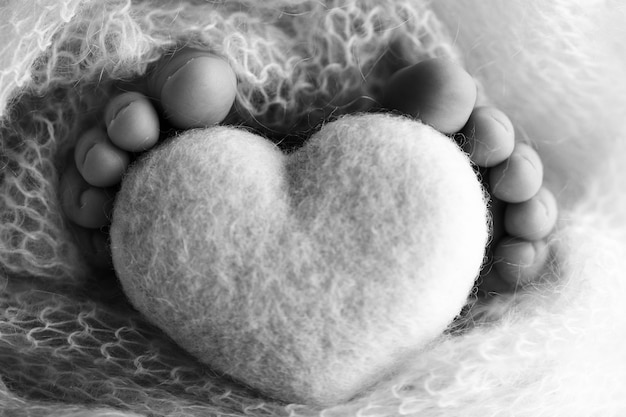 Voeten van een pasgeborene met een houten hart, gewikkeld in een zachte deken. Zwart-wit studiofotografie. Hoge kwaliteit foto