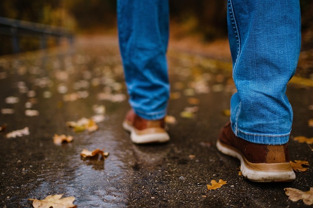 Voeten van een vrouw die langs de asfaltweg loopt in het herfstbos