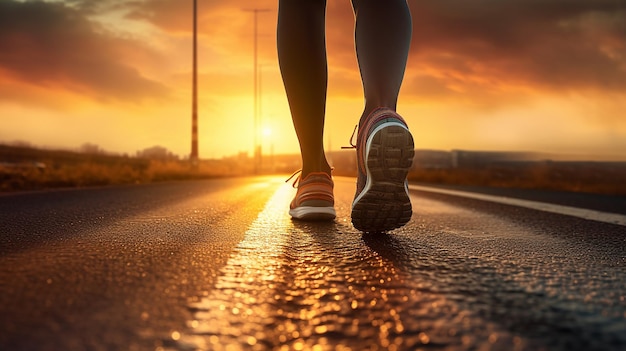 Foto voeten van een vrouw die loopt en oefent op de weg tijdens de zonsondergang