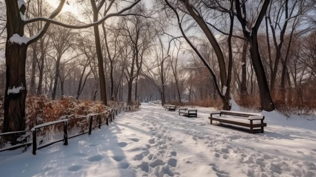 Voetpad in een fantastisch mooi winters stadspark met generatieve AI-technologie