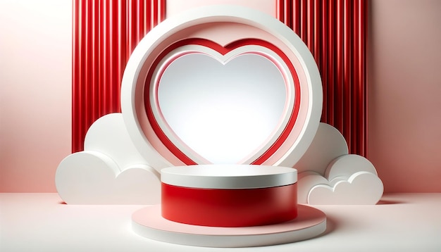 Voetstukpodium met Valentijnsthema en hartvormige raamachtergrond