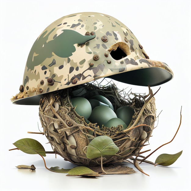 Vogel bouwde nest en legde eieren onder militaire helm van militair, concept vreedzaamheid, vrede,