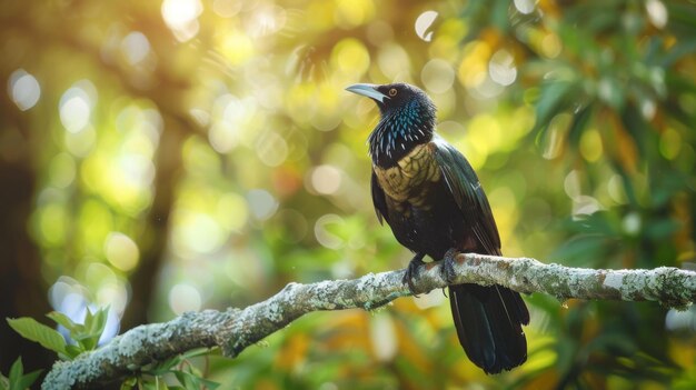 Vogel die op een tak van een boom in het bos zit