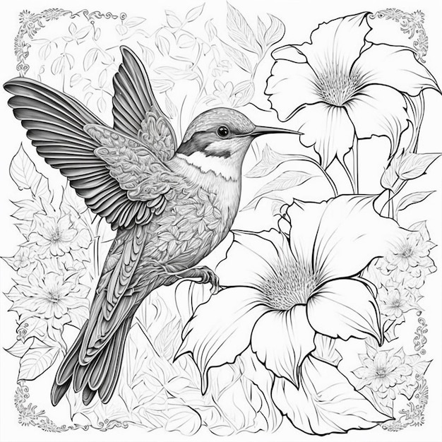 vogel en bloemen kleurplaat zwart-wit voor kleurboek