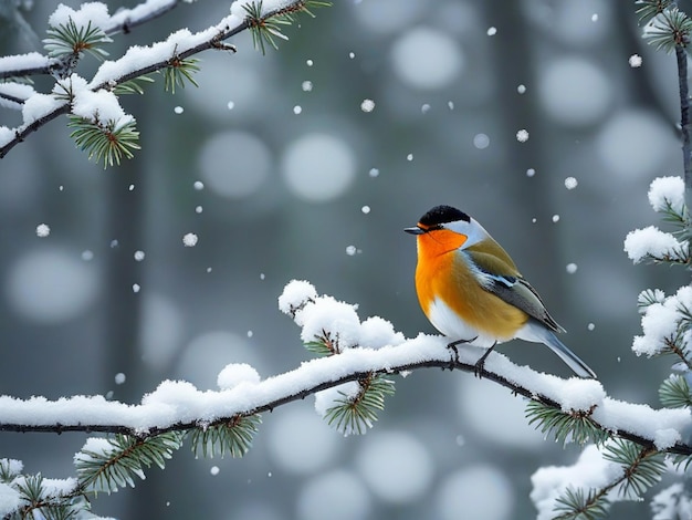 Vogel op een tak in het winterwoud Winterlandschap met sneeuw