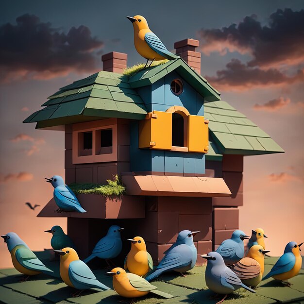vogelfamiliehuis in de stadillustratie van vogels in het huis
