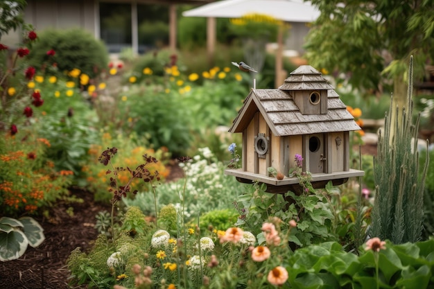 Foto vogelhuis omgeven door een bloeiende tuin met de feeder zichtbaar op de voorgrond