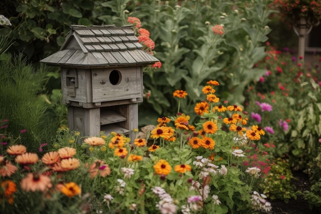 Vogelhuis omgeven door een tuin met kleurrijke bloemen en groen gecreëerd met generatieve ai