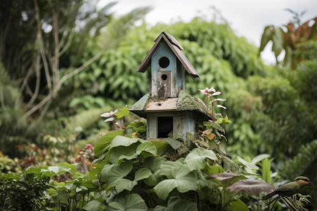 Vogelhuis omgeven door weelderig groen met vogels op het dak