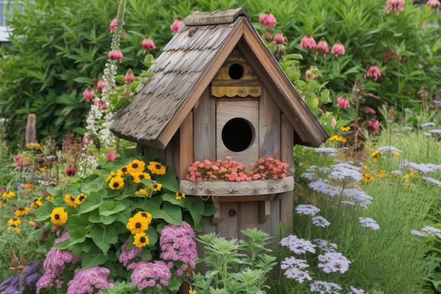 Vogelhuisje met ingebouwde vogelvoeder omringd door bloeiende bloemen gemaakt met generatieve ai