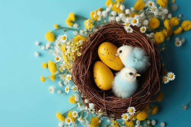 Vogelnest gevuld met gespikkelde eieren in de kleuren geel en wit Generatieve AI