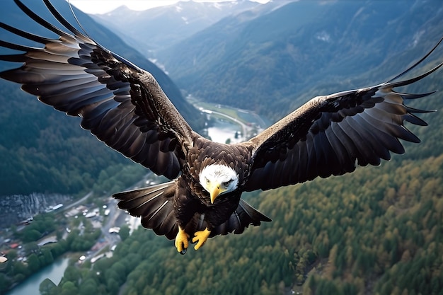 Vogelperspectief Een stijgende Amerikaanse zeearend tijdens de vlucht boven een bergketen Generatieve ai