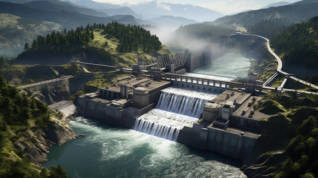 Vogelperspectief van een enorme hydro-elektrische dam Gemaakt met generatieve AI-technologie