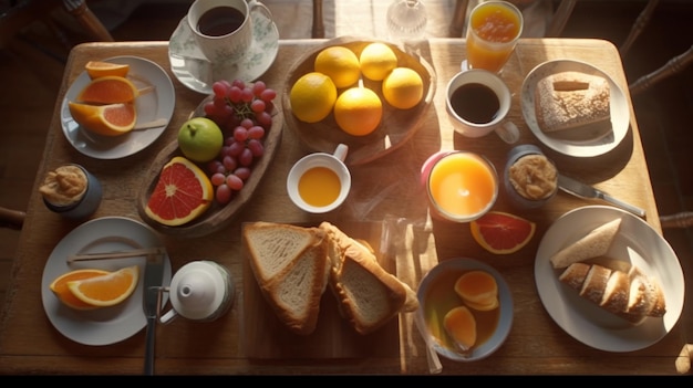 Foto vogelperspectief van een houten tafel voor het ontbijt metgeneratieve ai