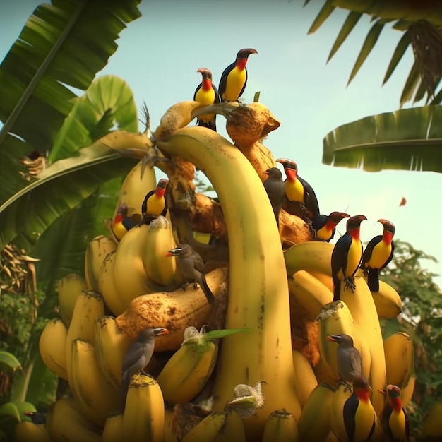 Vogels eten rijpe bananenbundels Generatieve AI