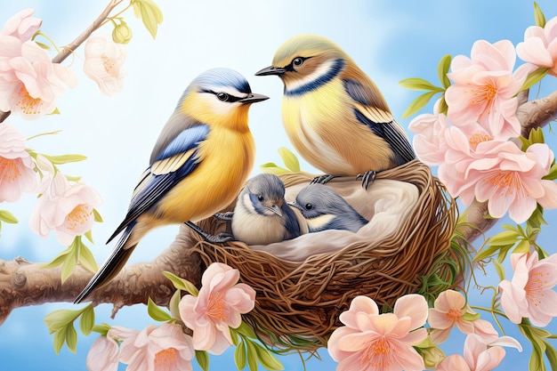 Vogels in het nest op een tak van een bloeiende sakura