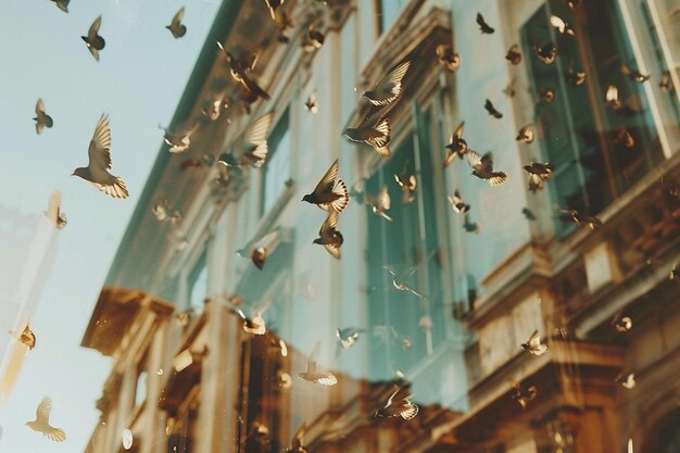 Foto vogels in vlucht gevangen met de weerspiegeling in het spiegeloppervlak van een stille vijver