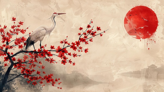 Vogels moderne kunst van kraaien Kersenbloesem bloesem op een natuurlijke landschap achtergrond met aquarel textuur en bloem decoratie Tak in vintage stijl met bladeren en bloemen