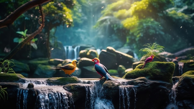 Vogels op een waterval met een waterval op de achtergrond