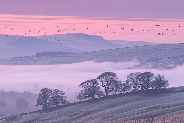Foto vogels vliegen in de dageraad over een veld van met mist bedekte bomen