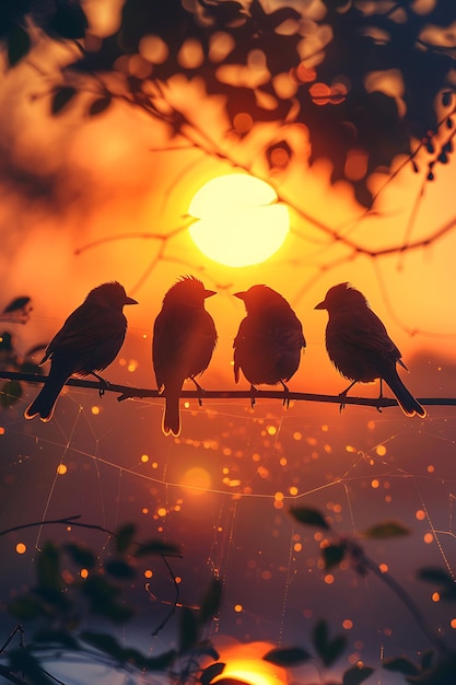 Vogels zitten op een draad als silhouet schaduw gegoten in een Linea Creatieve foto van elegante achtergrond