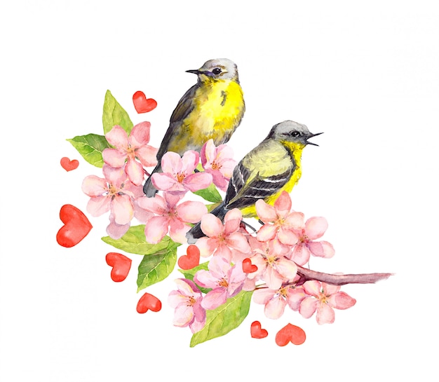 Vogelspaar op de lentetakje met bloemen en harten. Aquarel voor Valentijnsdag