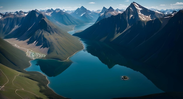 Vogelvluchtfoto van berg en watermassa gegenereerd ai