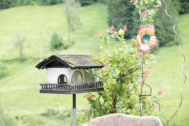 Foto vogelvoederhuis in de vorm van een huis