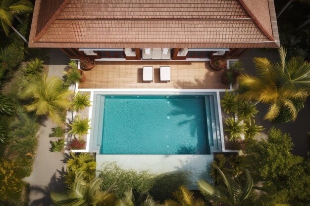 Vogelzicht op een tropisch hotel met een zwembad Fotorealistische illustratie generatieve AI