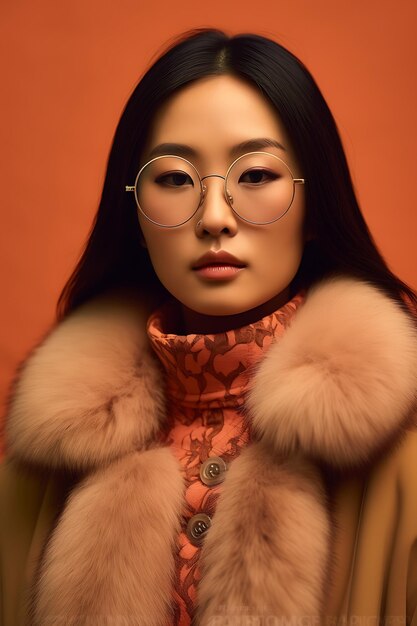 Foto vogue fotoshoot van een glamoureuze aziatische vrouw met een bril in wes anderson stijl