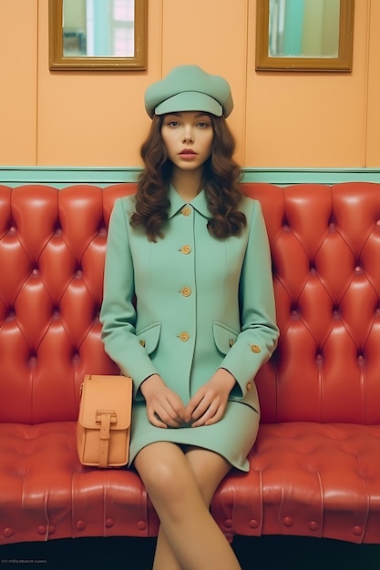 Photo vogue photoshoot of a glamorous ladies hat in wes anderson style