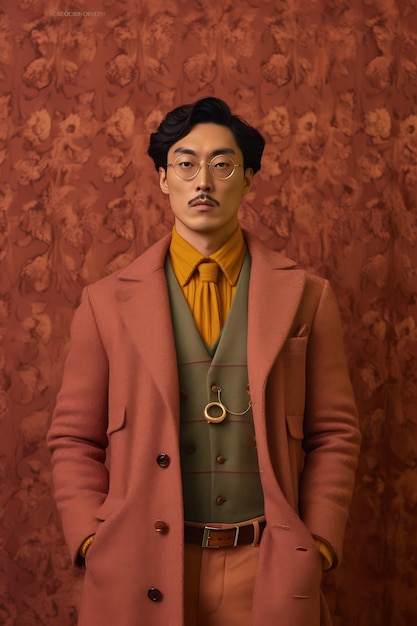 vogue photoshoot of a handsome korean man in Wes Anderson style