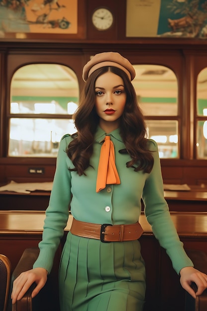 Photo vogue photoshoot of a pretty girl in a wes anderson outfit in a wes anderson movie