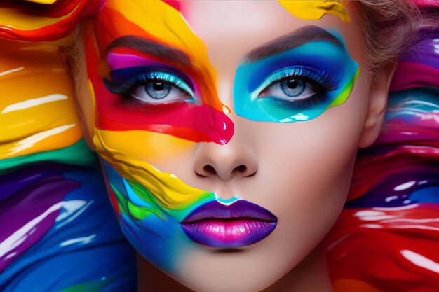 Vogue style lady a multicolored fashion art portrait of a beautiful woman with vivid abstract makeu