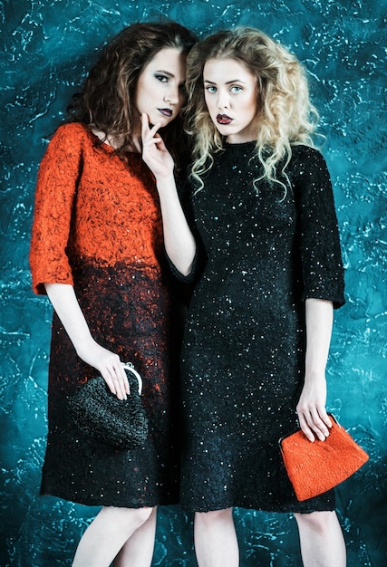 2人のファッション女性の冷たいトーンのヴォーグスタイルの写真
