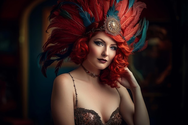 Vogue woman posing with red hair decorated with feathers Vibrant female model with crimson decorative fluffy crown Generate ai