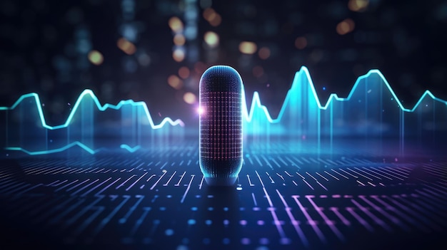 Voice Recognition Concept Abstract Sound Waves with Microphone and Tech Buttons on Background