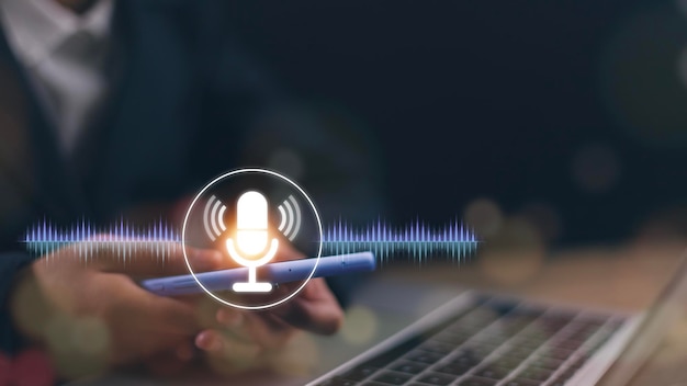 voice recording man touching microphone icon on smart phone mobile application record sound audio music voice message or use your voice to direct ai to search for information on internet