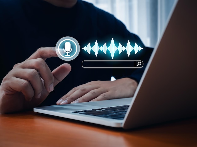 voice search optimization vso technology concept ai conversational assistant automation bot with digital sound wave audio graphic and search engine bar while man press on microphone button