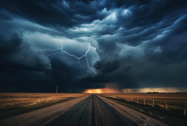 Foto il vuoto una strada aperta sotto le nuvole di tempesta nello stile di cieli riccamente colorati