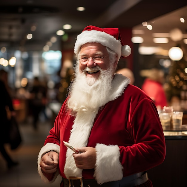 vol figuur gelukkige glimlachende kerstman laat in de nacht kerst winkelen in een Scandinavische winkelen